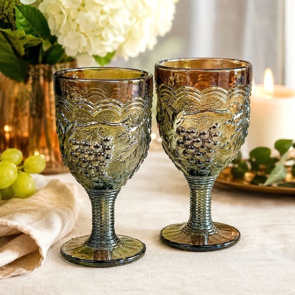 Vintage Imperial Glass Carnival Glass Grape Wine Goblets Amber Green 4" Set of 2